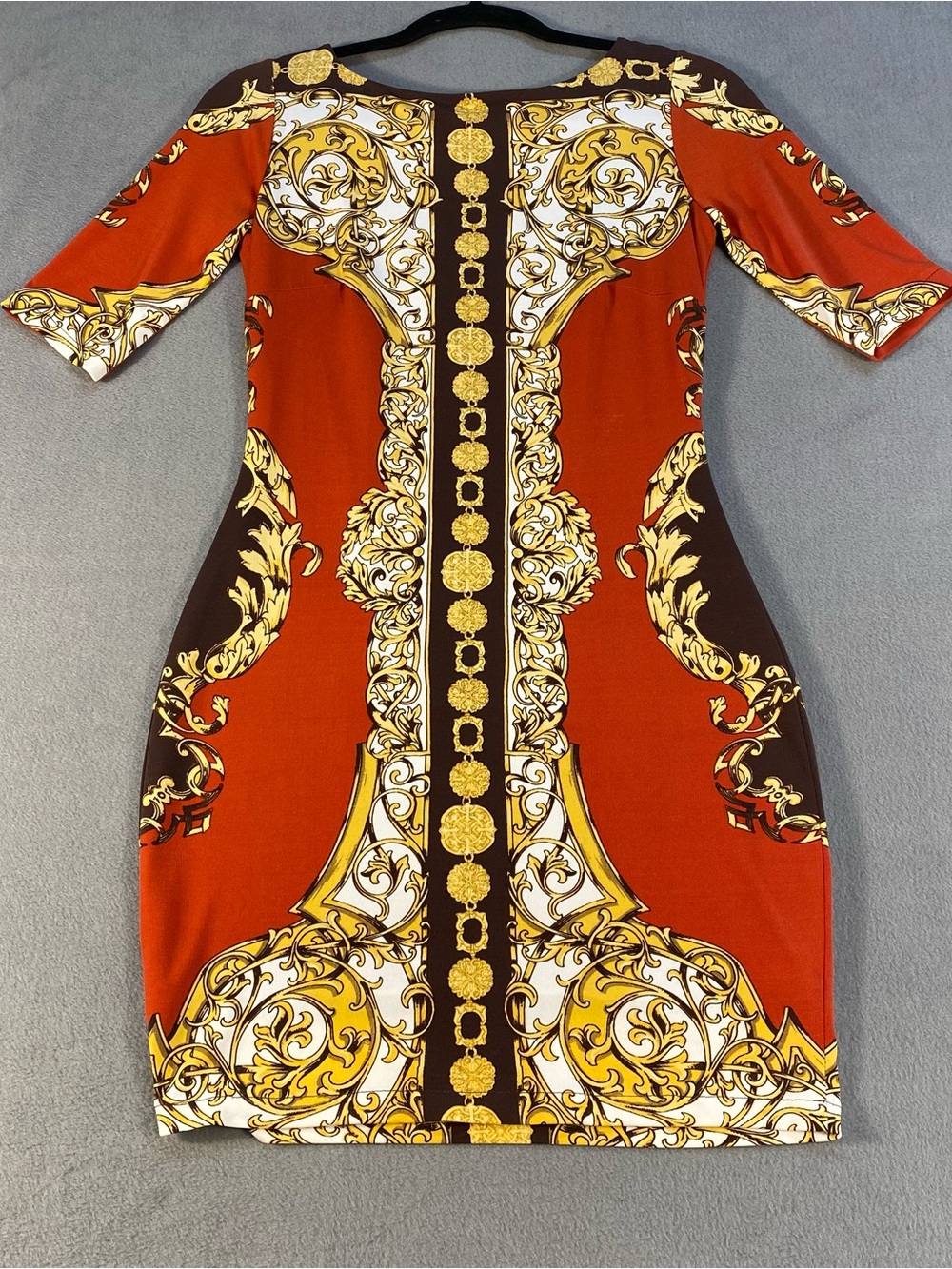 Cache women’s Baroque-Print Bodycon Dress in Burnt Orange and Gold, stretchy, 0